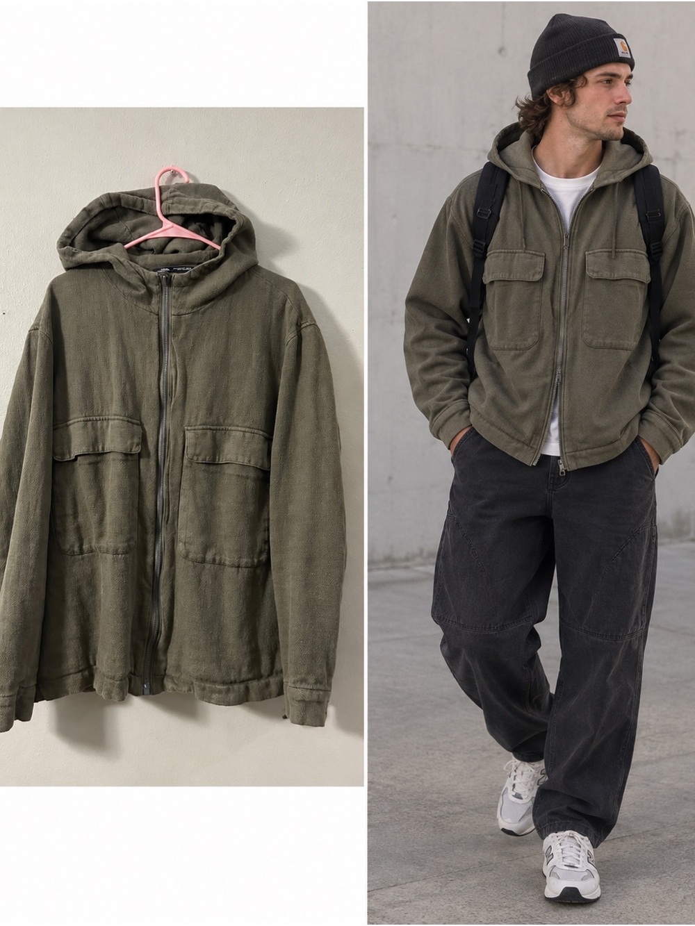 Zara Hooded Full Zip Olive Green Jacket Mens XL Cropped Long Sleeve Pockets
